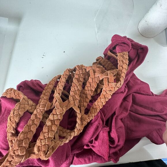 Sky Burgundy Scoop Neck Hand Braided Leather Design Back Strap Flowy Dress XS - Picture 10 of 14